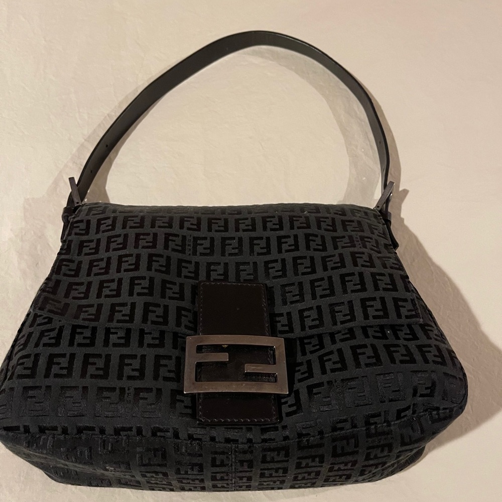 FENDI Black Zucca-Print Canvas Mama Baguette Bag